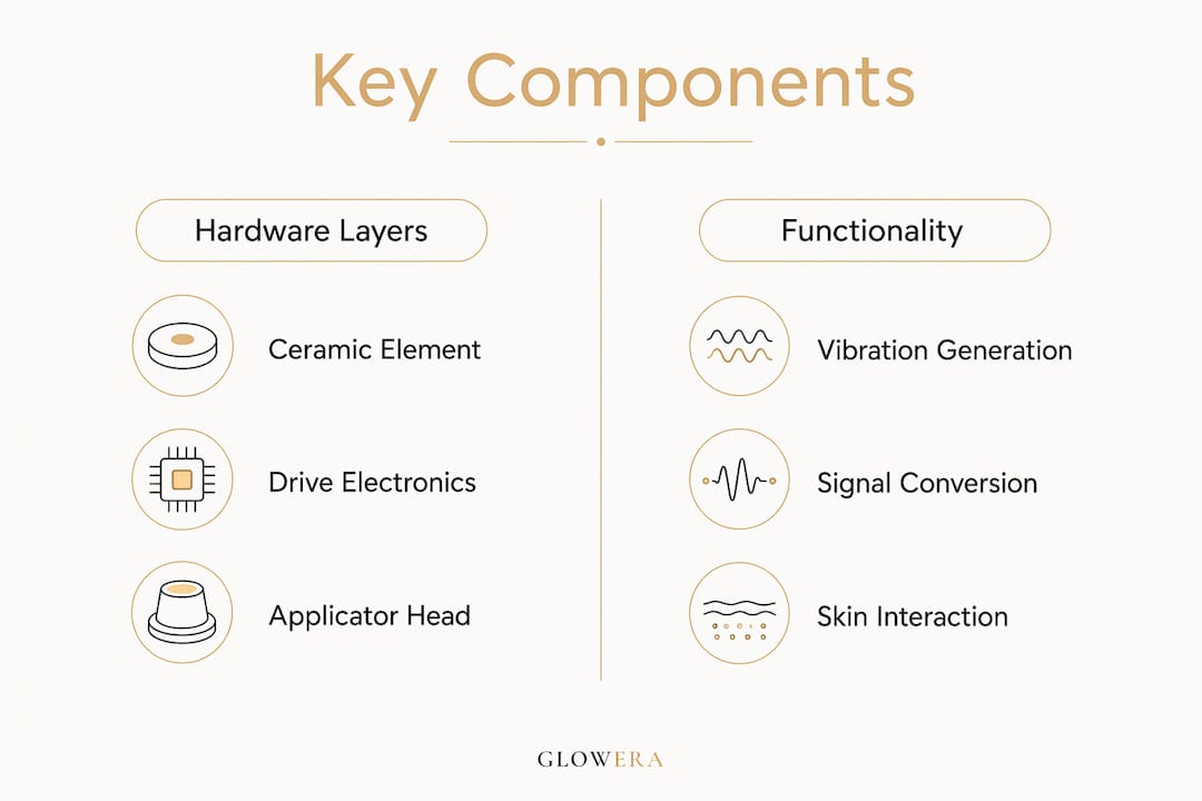 Infographic comparing key components and functions of piezoelectric devices
