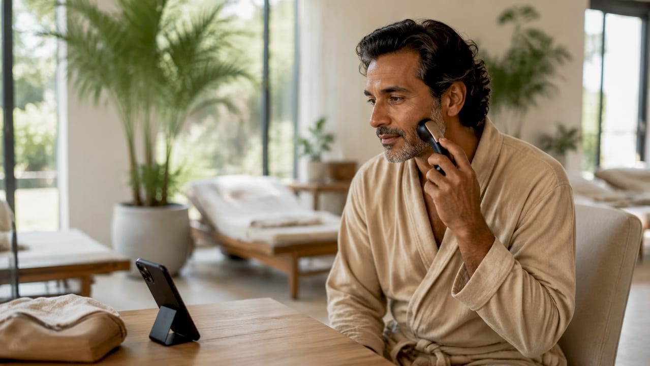 Man using app-controlled skincare device with smartphone guide