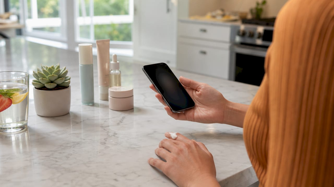 Hand holding smartphone on café table with skincare products