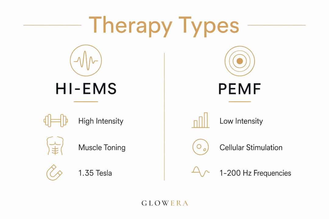 Comparison infographic of HI-EMS and PEMF facial therapies