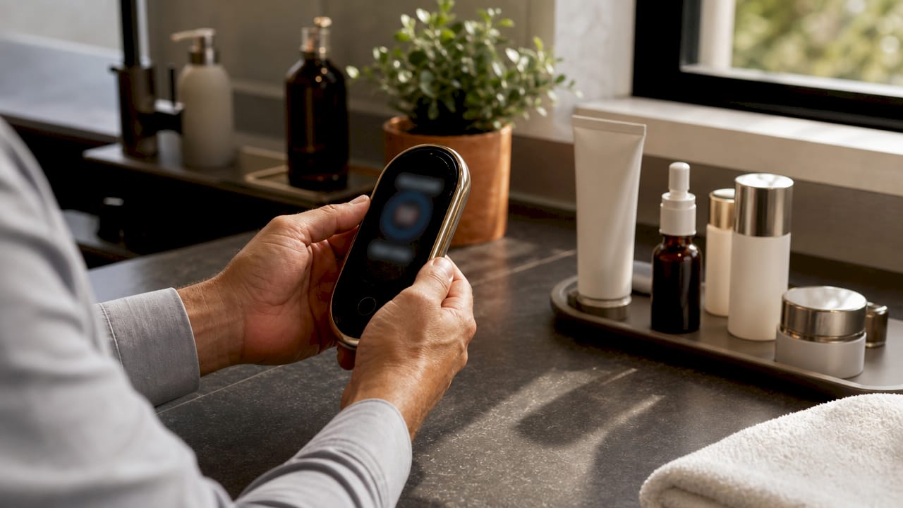Hands holding biometric beauty device data
