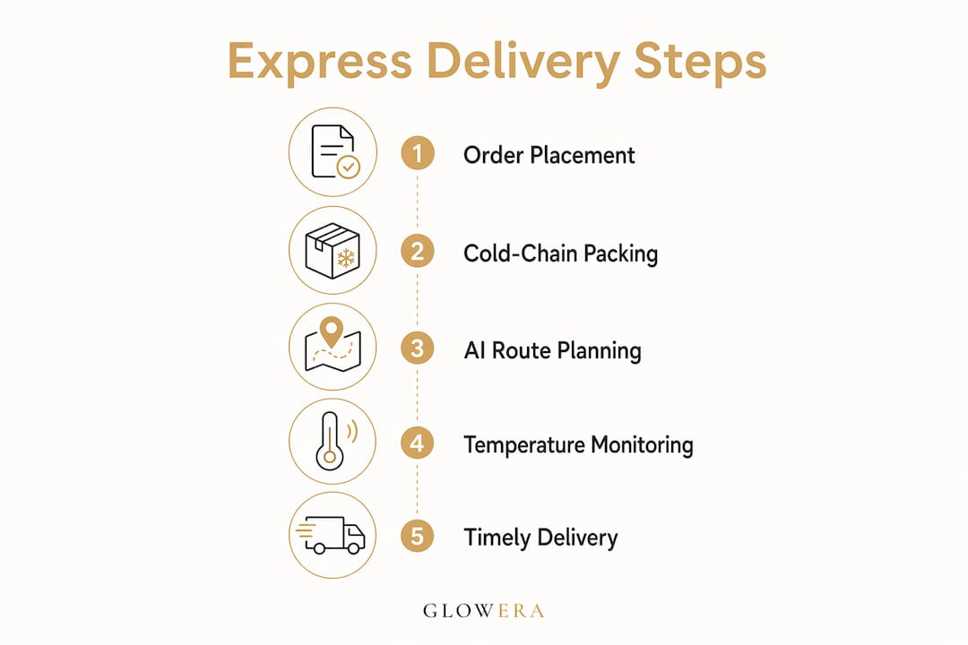 Infographic showing express delivery process steps for UAE beauty tech products