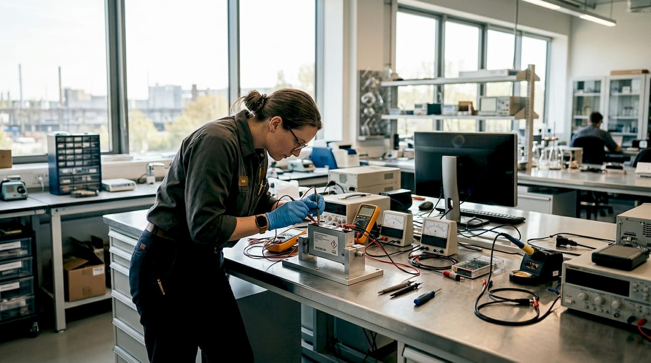 Hands testing lithium cobalt oxide beauty battery