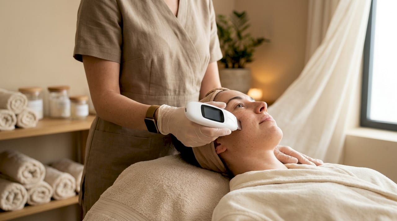 Clinician using digital skin analyzer on cheek