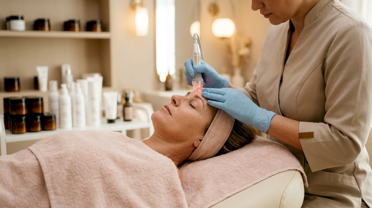 Close-up of microneedling skin treatment procedure