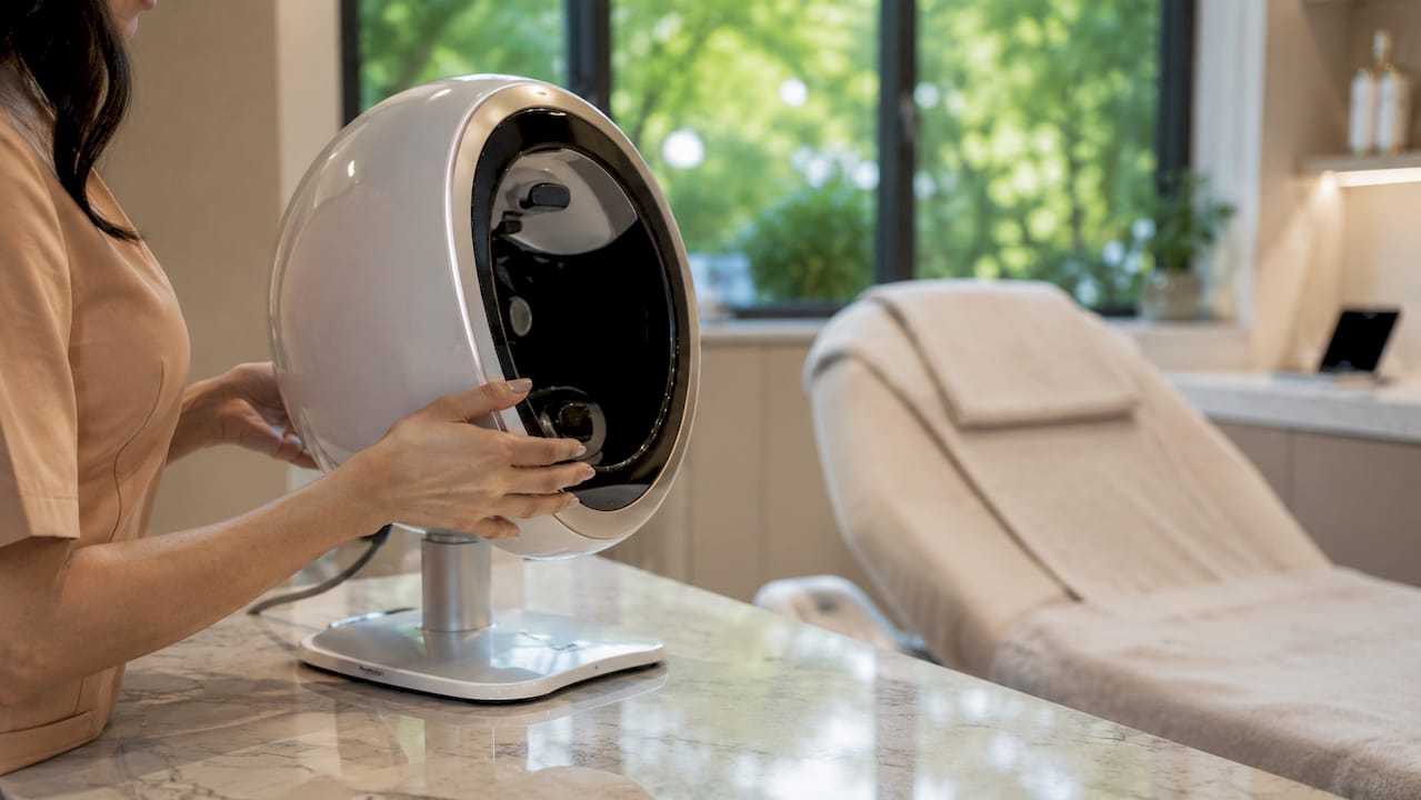 Hands adjusting AI skin analysis device in clinic