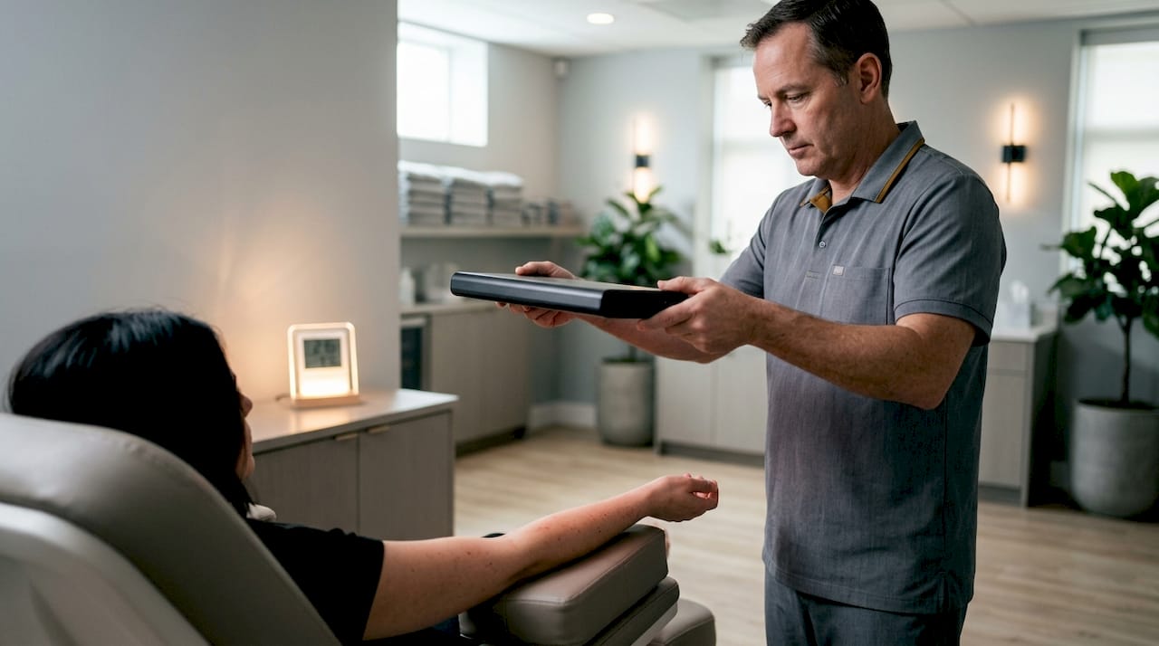 Technician applying NIR light on patient forearm