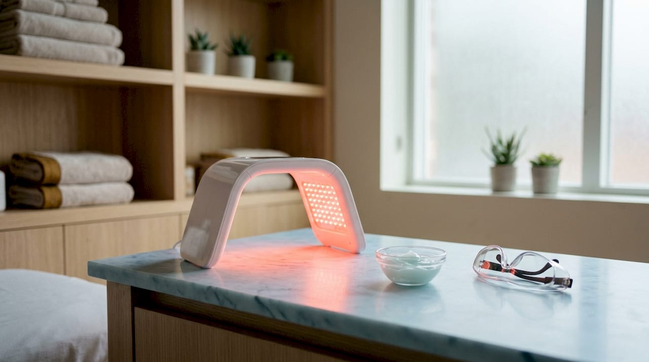 LED light therapy device glowing on spa bed towel