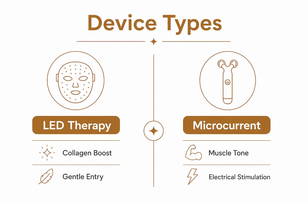Infographic comparing LED therapy and microcurrent devices
