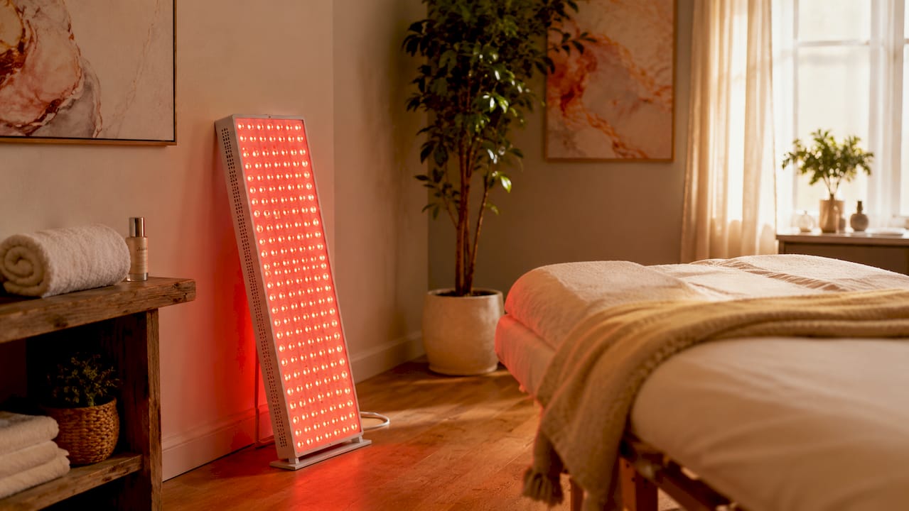 Close-up of LED light therapy device on treatment bed