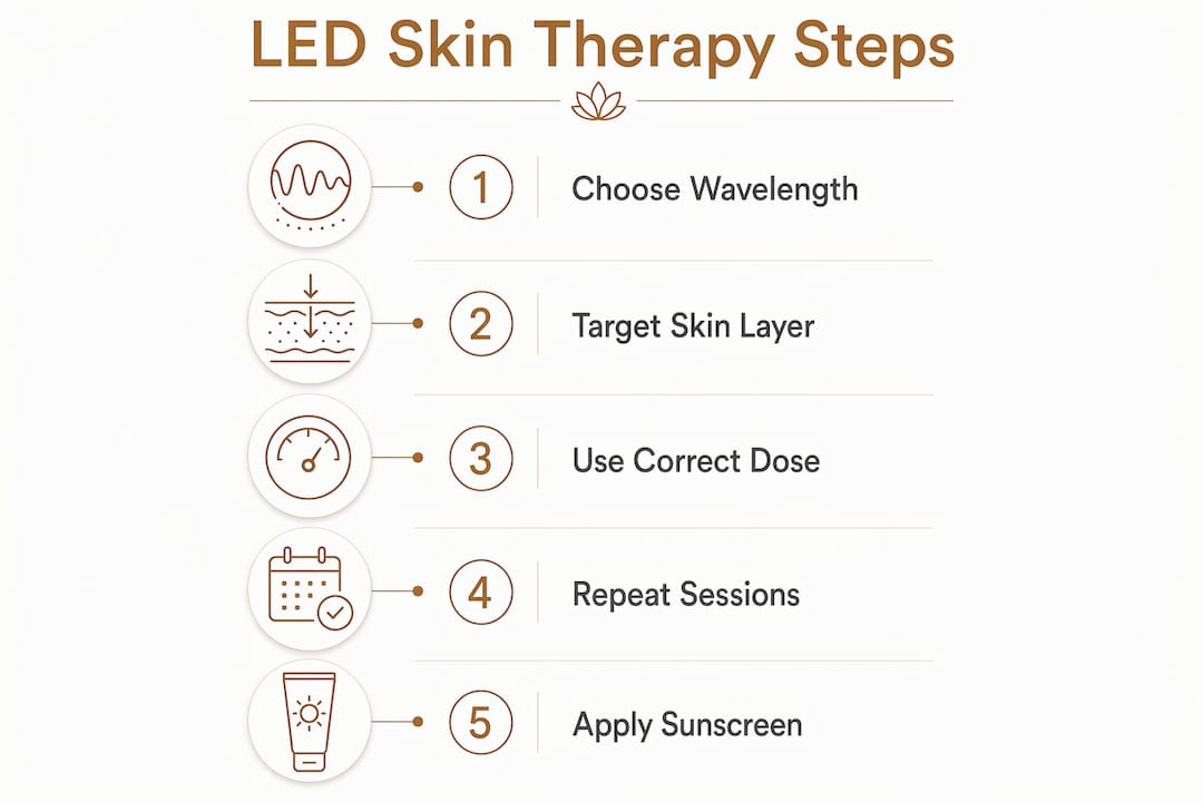 Infographic outlining LED skin therapy usage steps