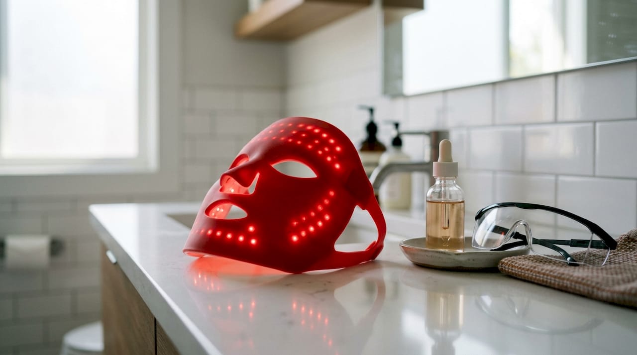 Red LED face mask on wooden table with skincare items