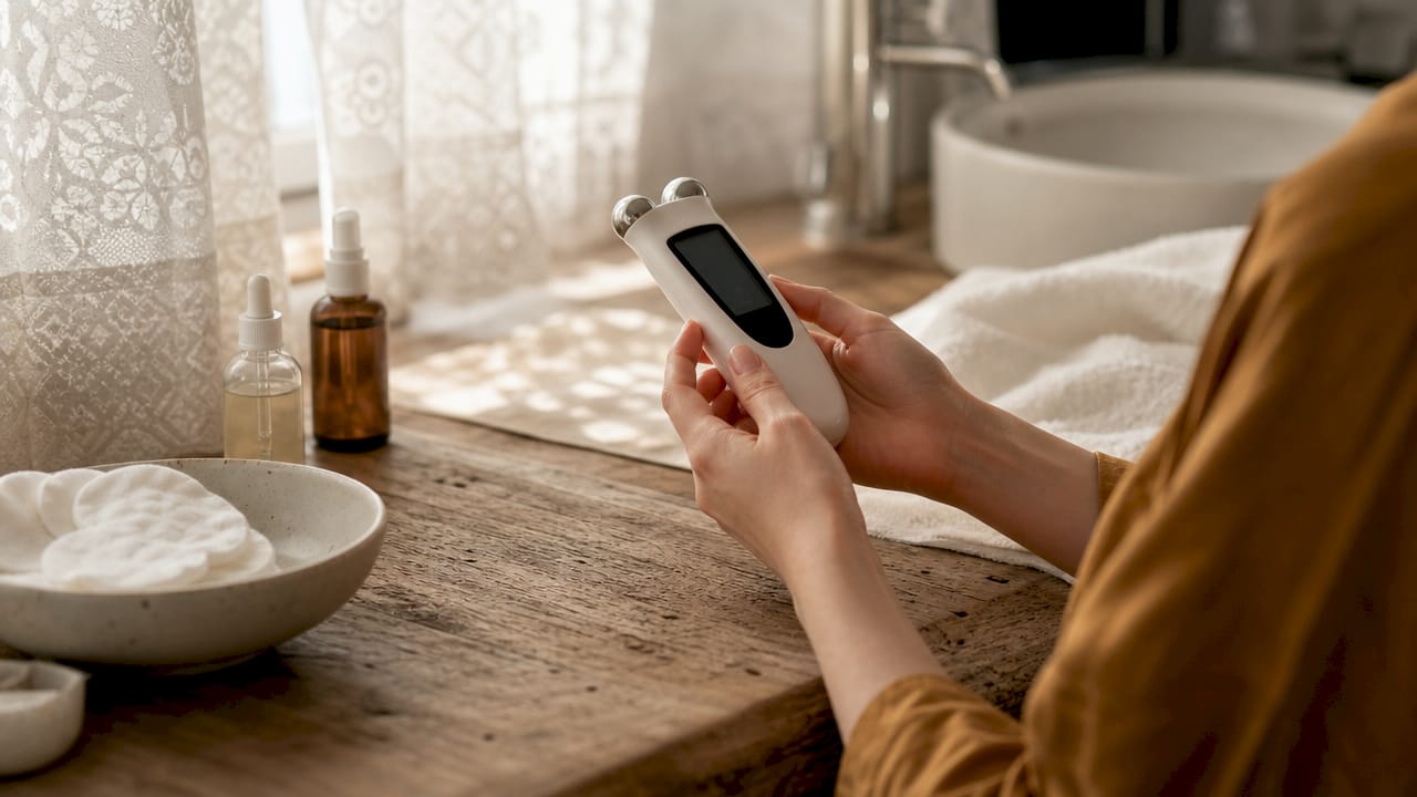 Hands holding microcurrent beauty device close-up