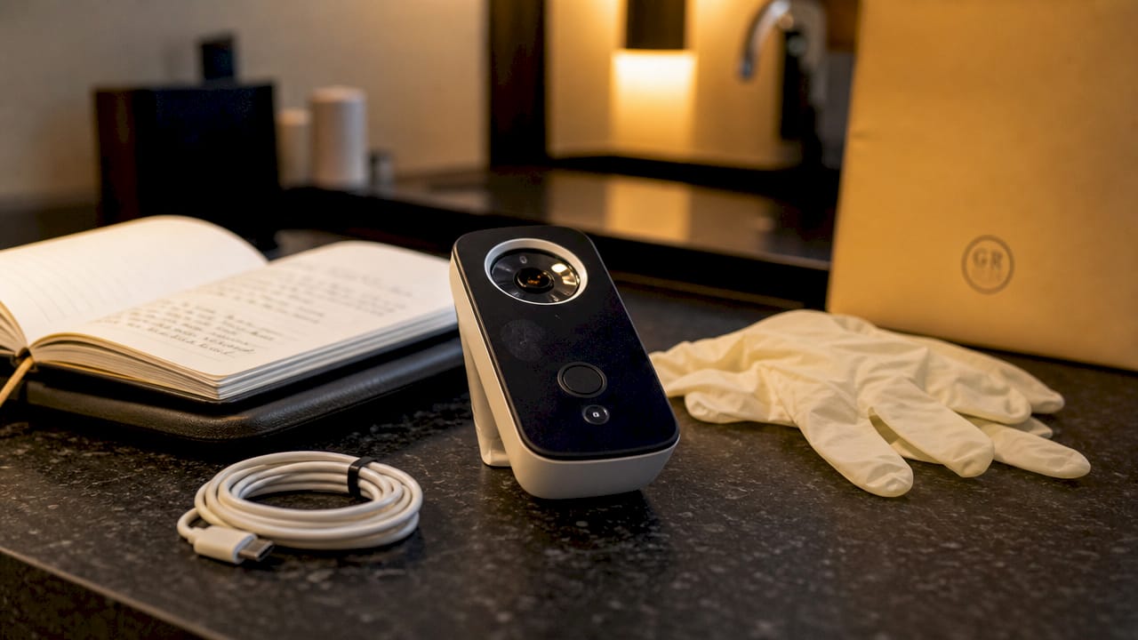 Close-up handheld skin sensor device on desk