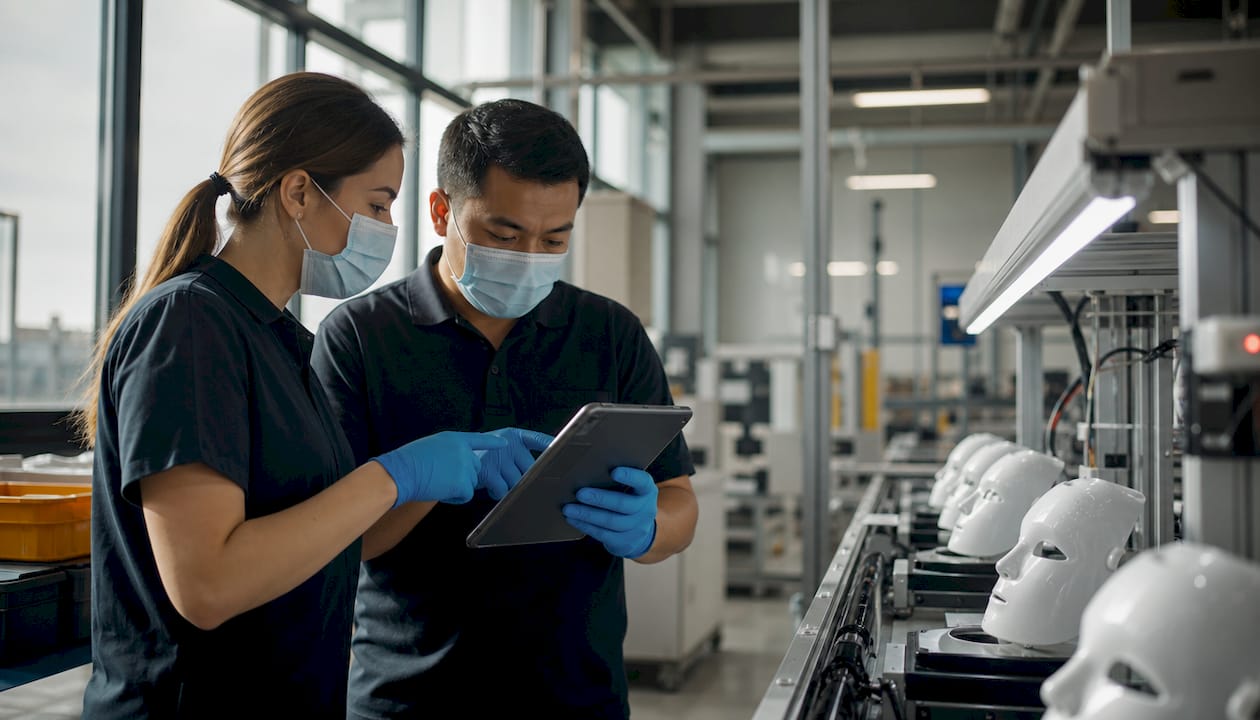 Two technicians monitoring quality in production