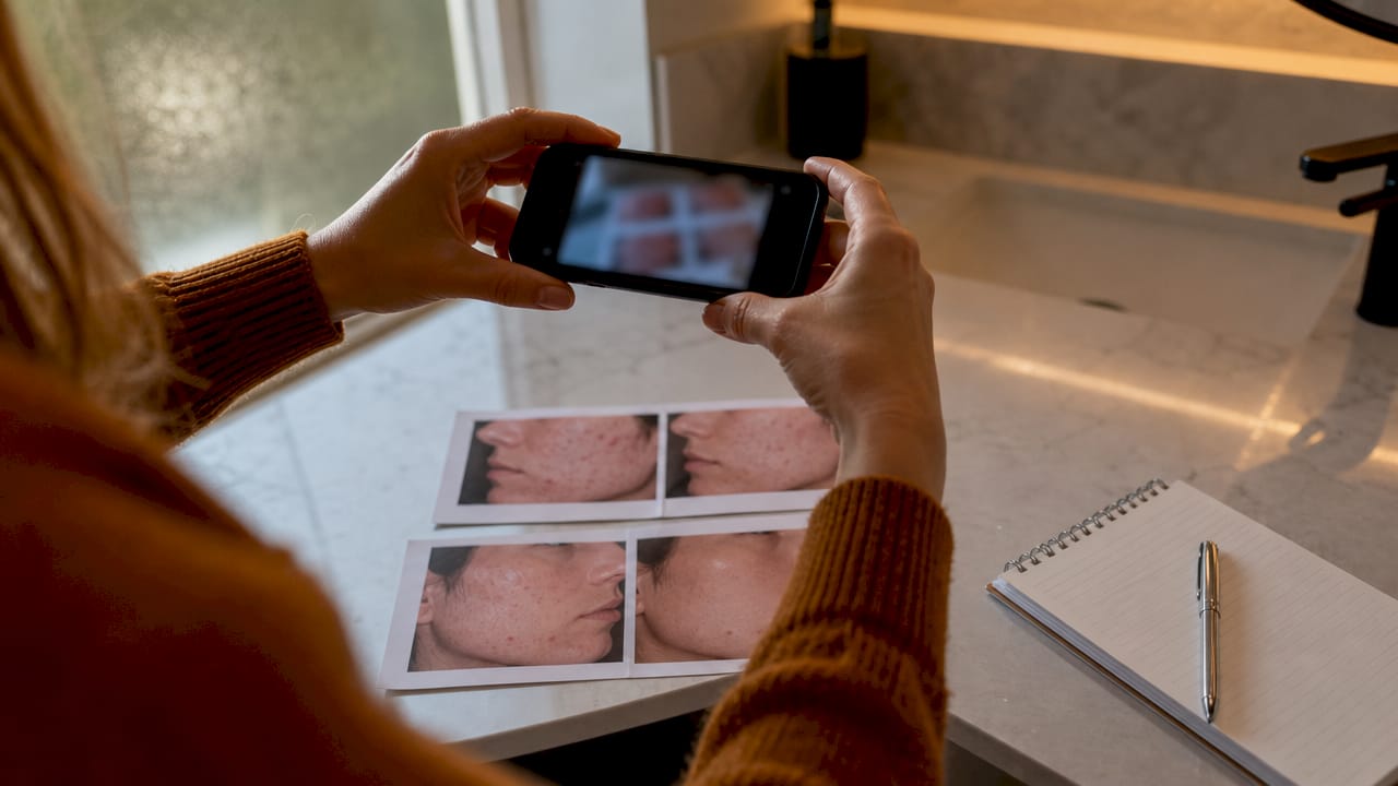Hands reviewing skin progress photos on table