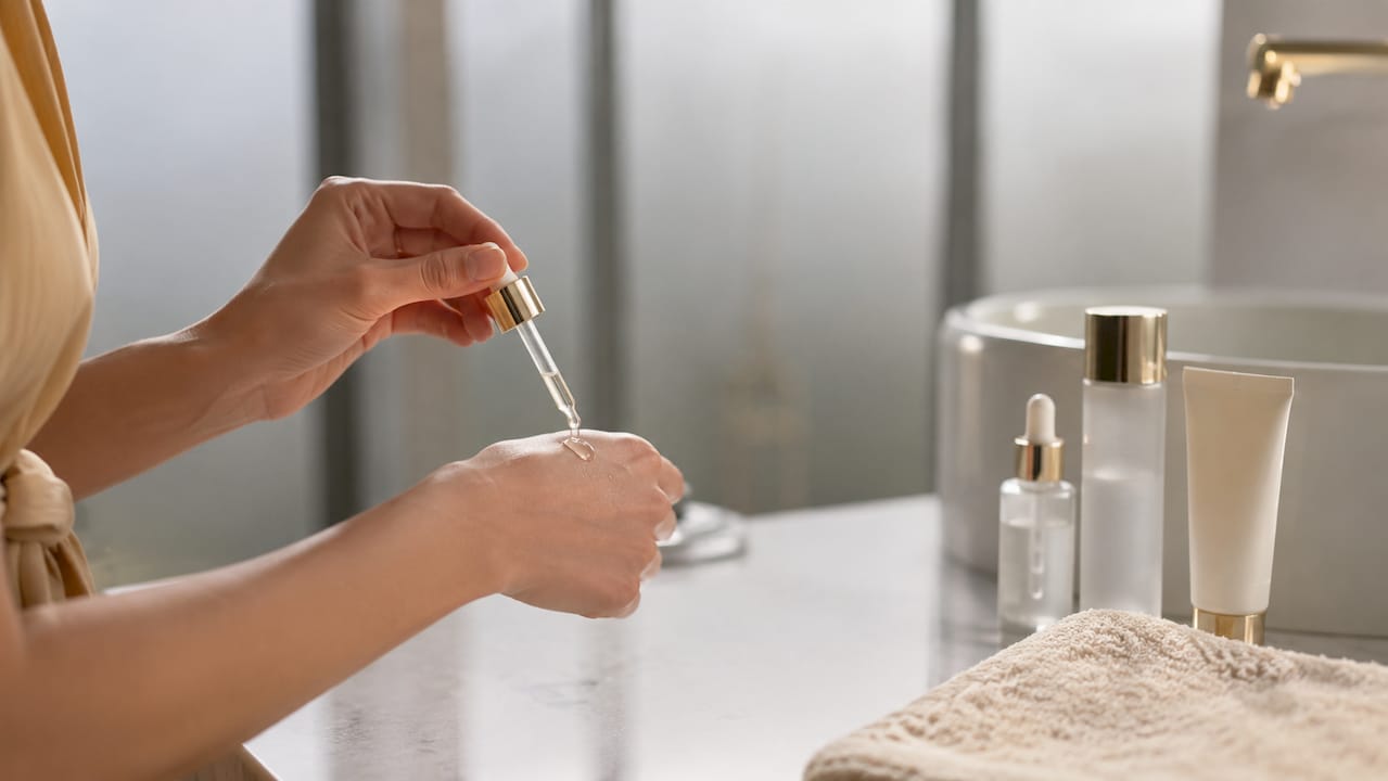 Hands applying serum after skincare device use