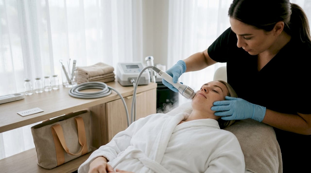 Hands applying cryogenic device cold therapy on skin