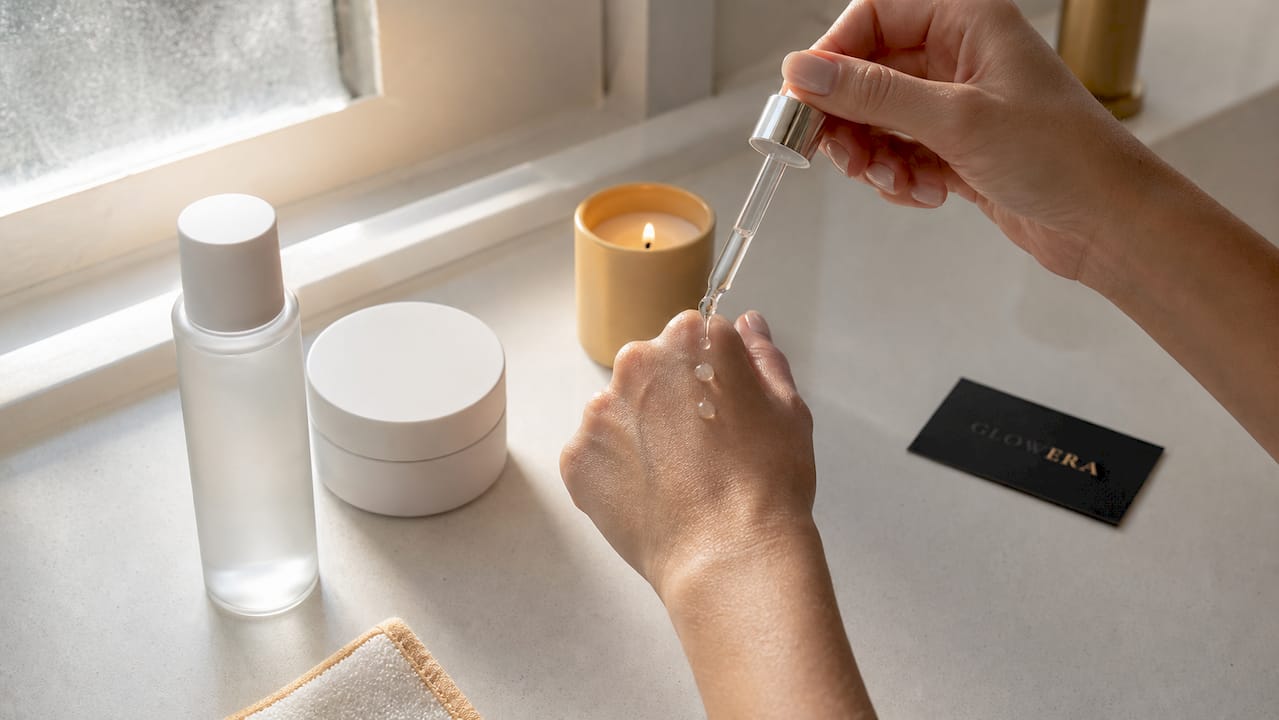 Hands with skincare serum and products overhead