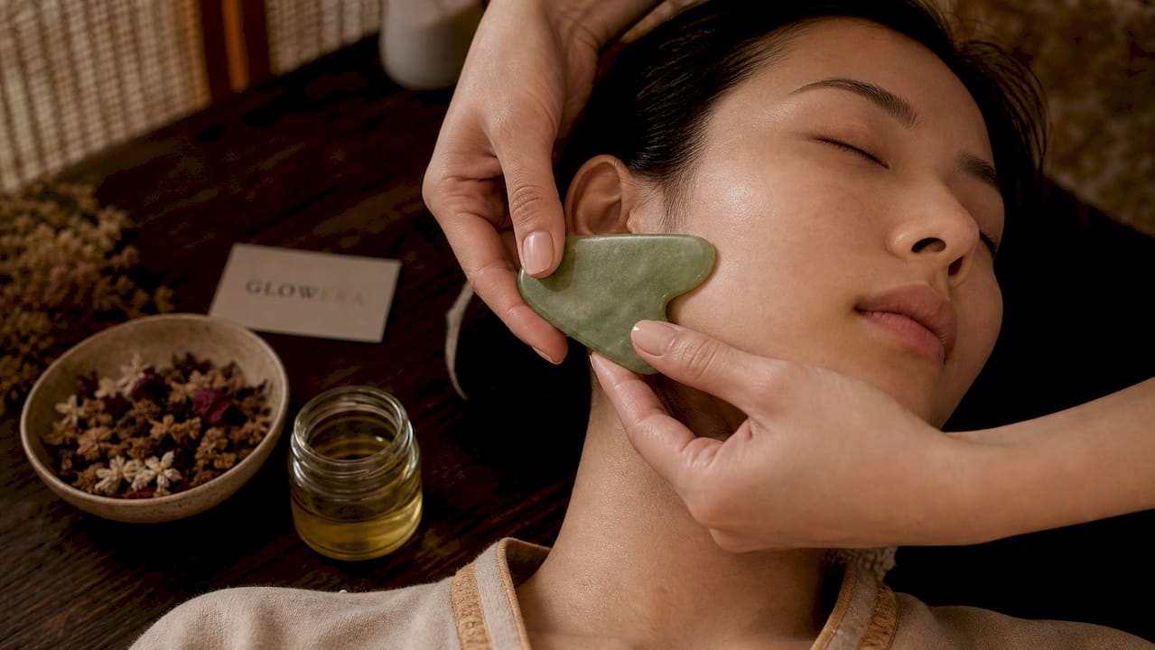 Hands demonstrating rose quartz gua sha massage on cheek