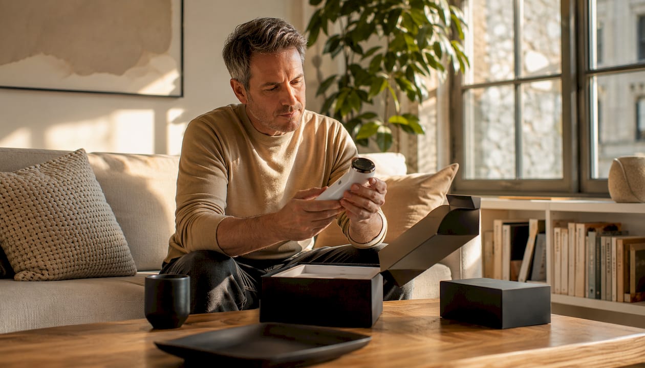 Man unpacking beauty device at home desk