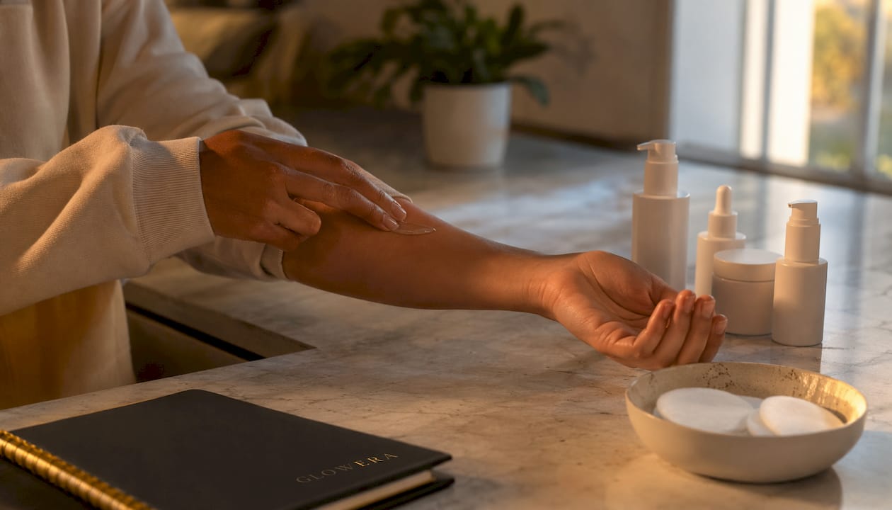 Close-up of hands performing skin patch test