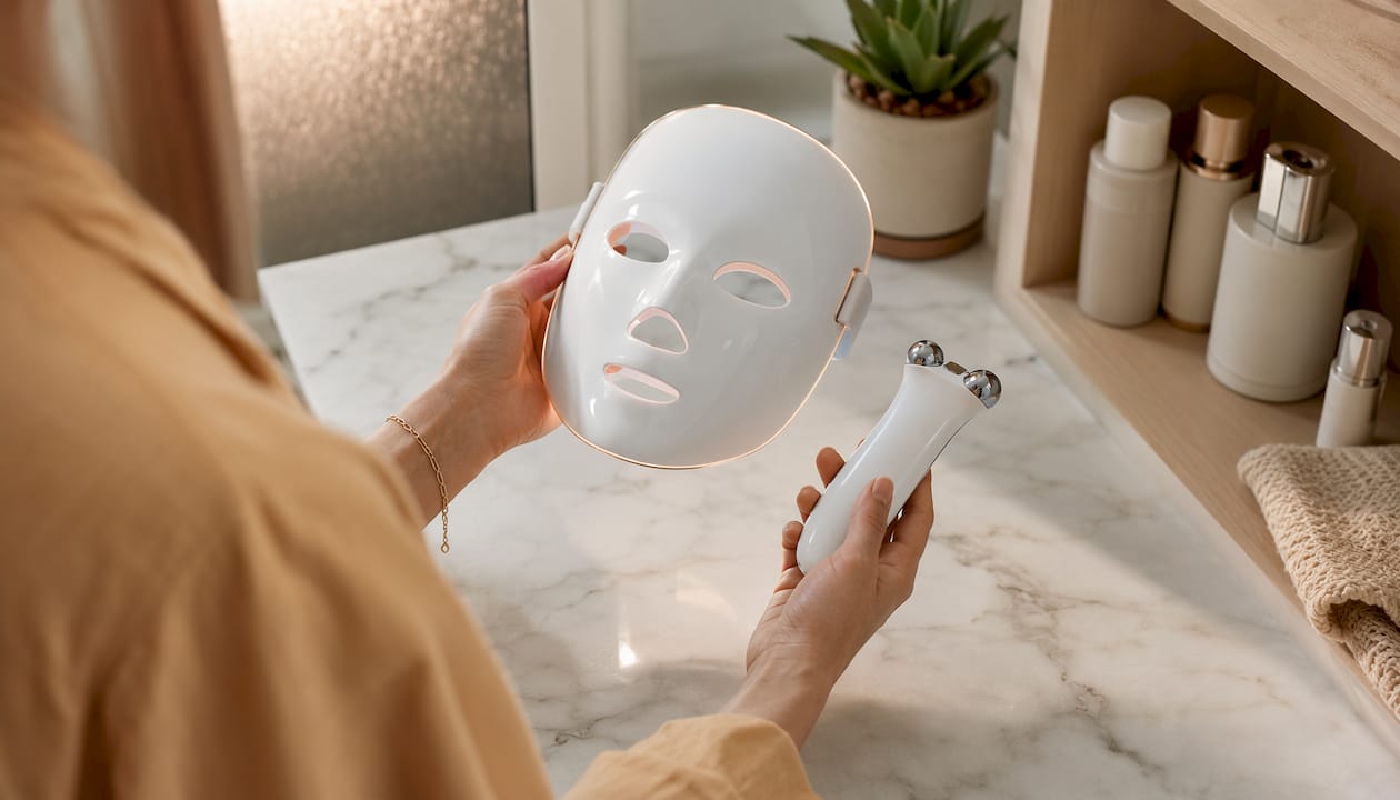 Hands holding beauty tech devices with certification papers