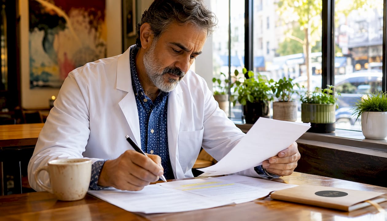 Medical practitioner reviewing insurance papers