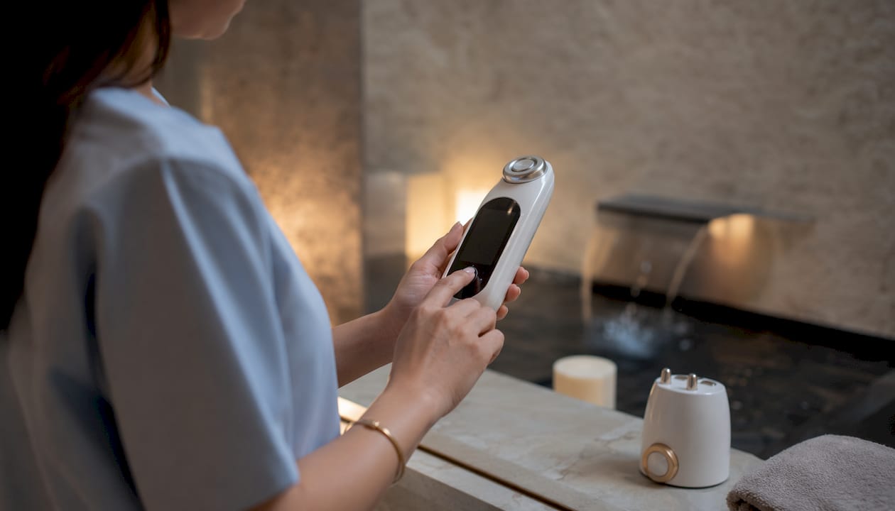 Hands examining professional skincare device