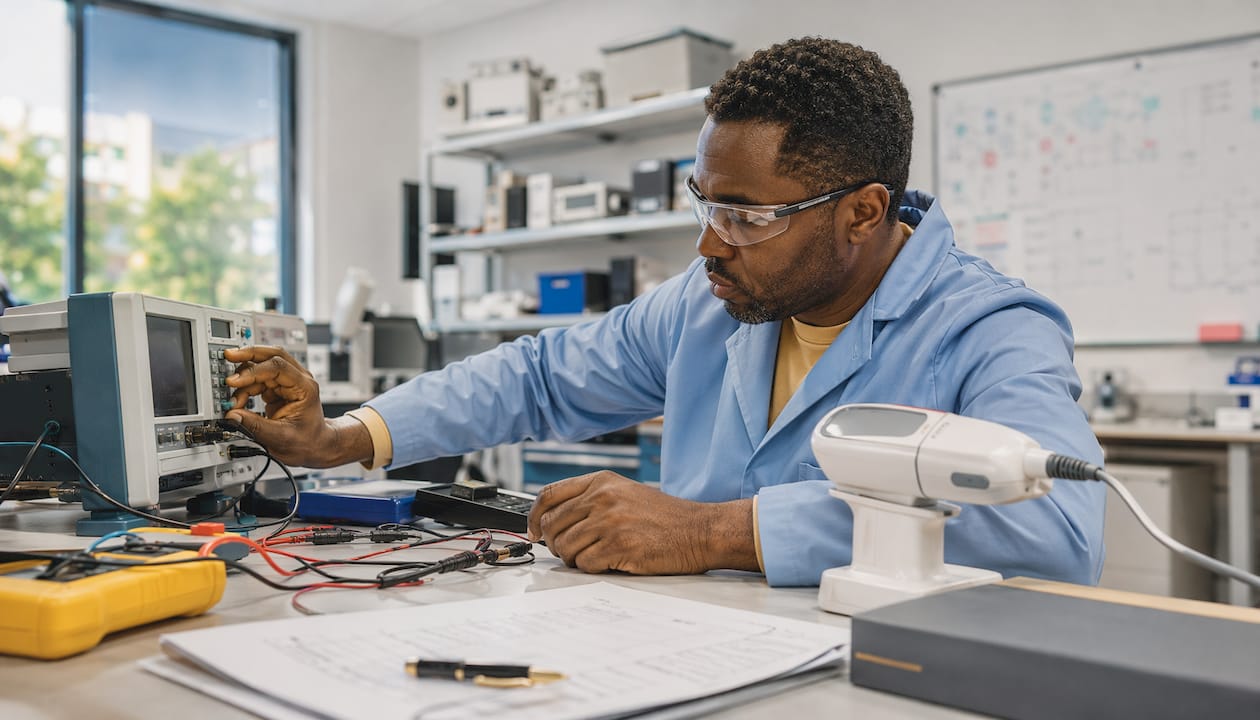 Technician testing skincare device safety in lab