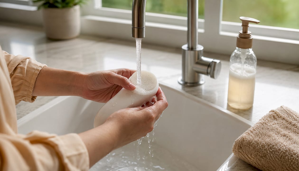 Hands cleaning sonic facial cleansing brush under faucet