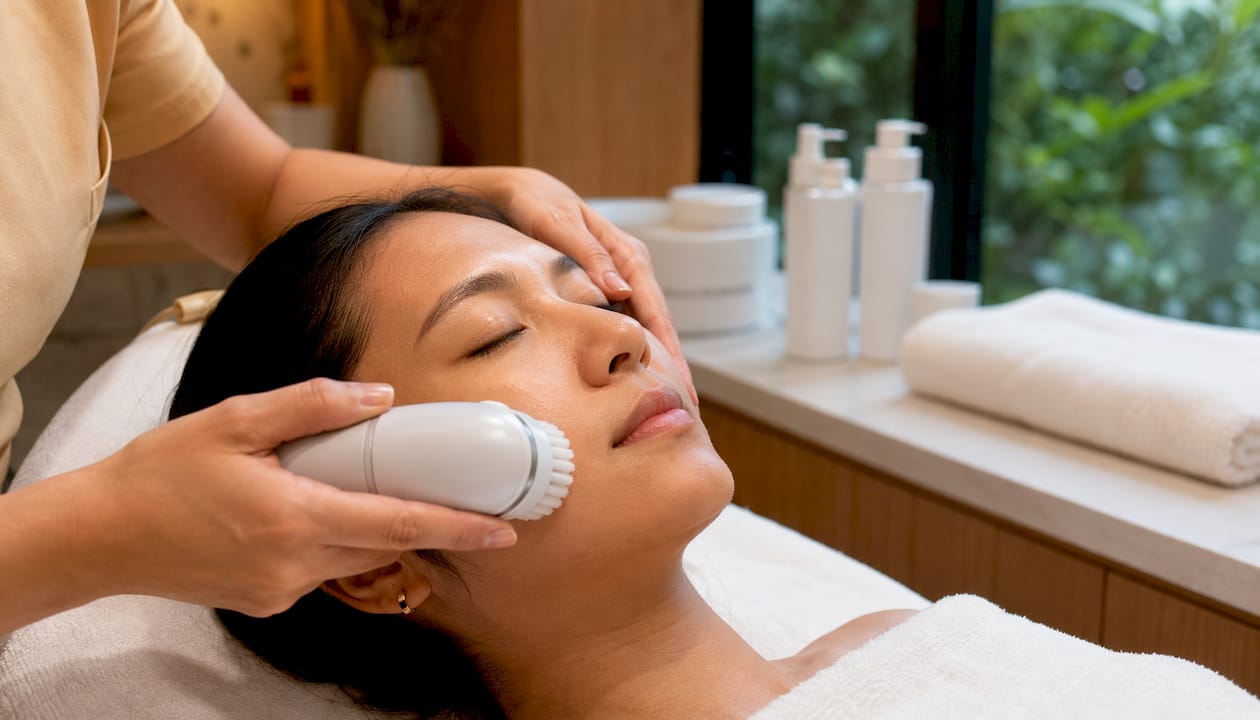 Close-up of sonic skincare device on skin in clinic