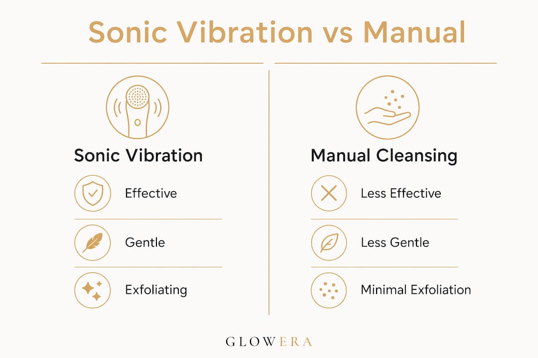 Infographic comparing sonic vibration skincare to manual cleansing methods