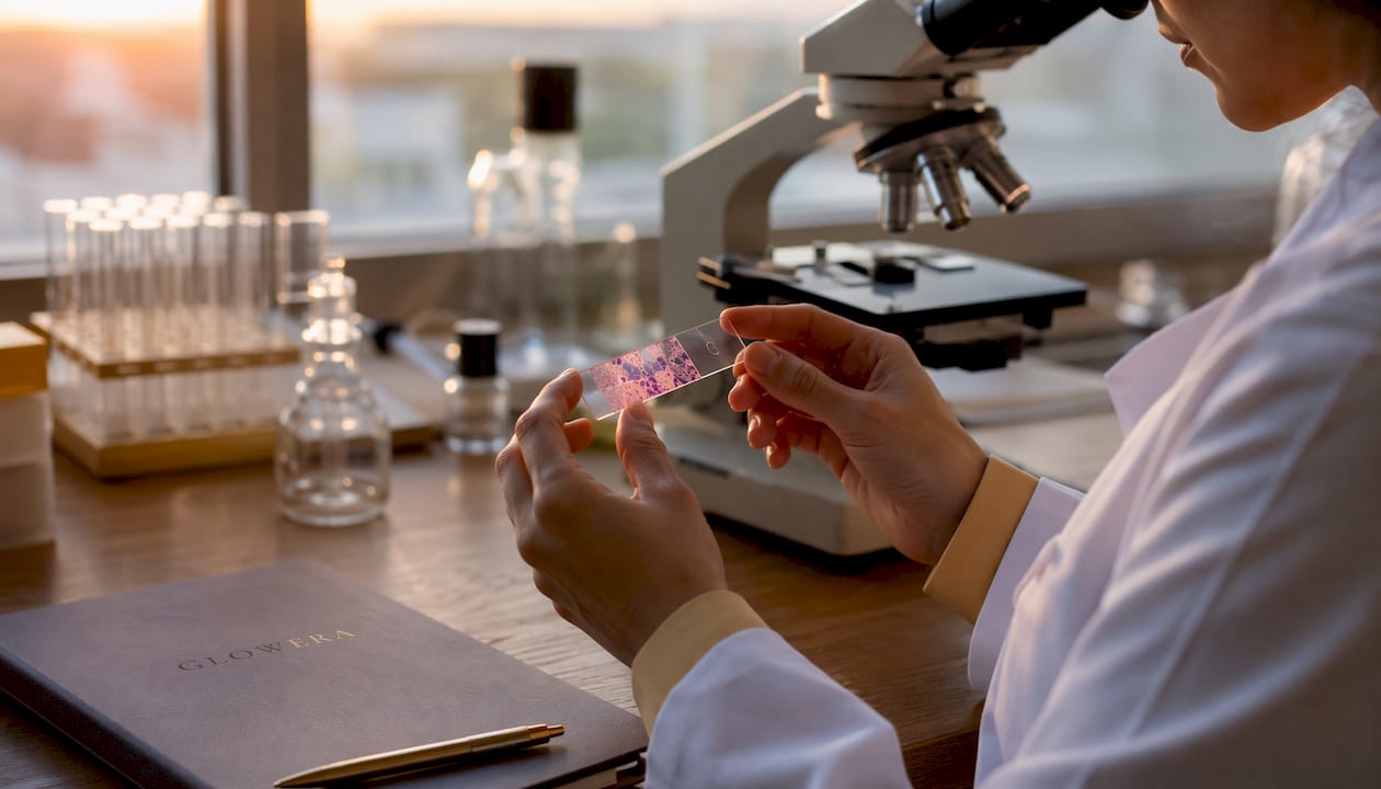 Researcher examining skin cells under microscope