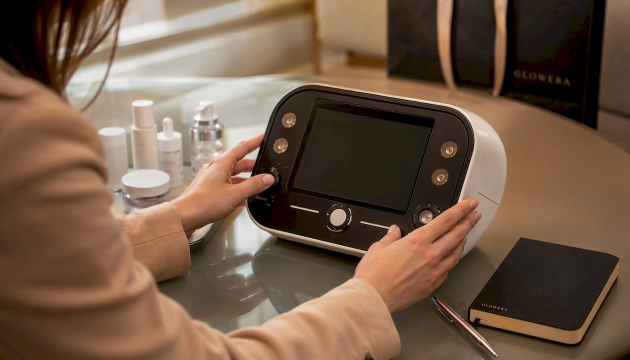 Close-up of skin diagnostic device in clinic