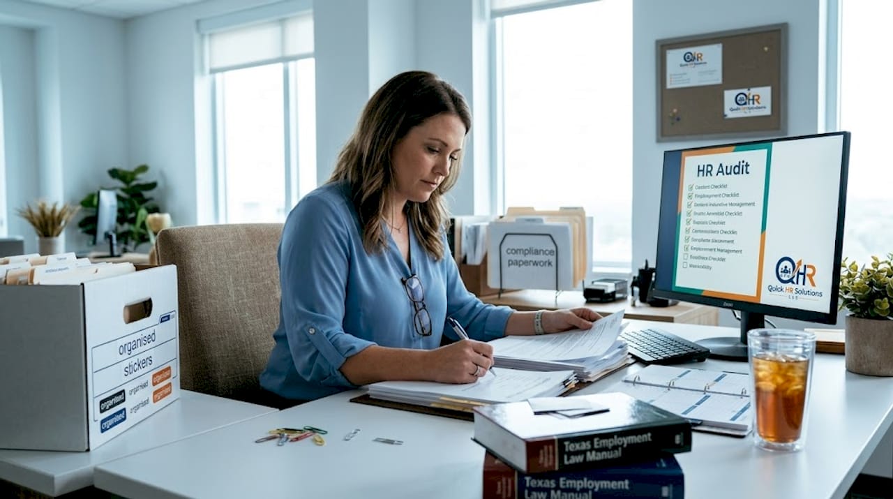 HR manager sorts compliance paperwork at desk