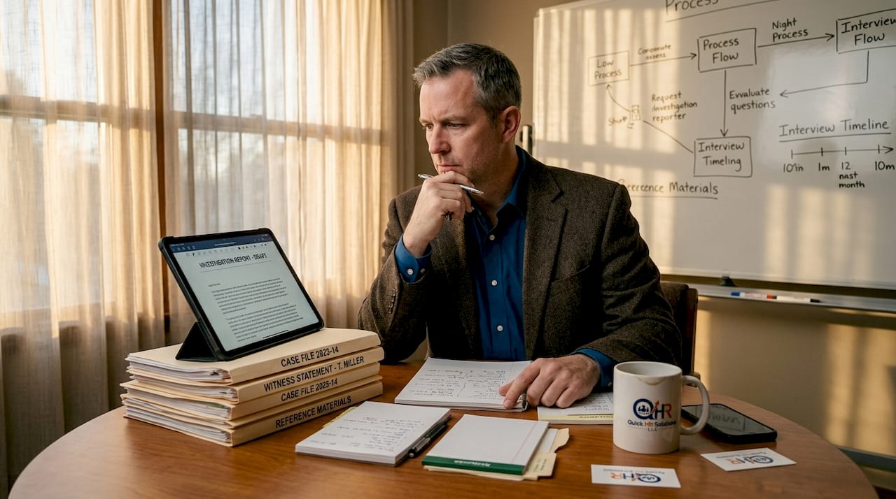 HR investigator writing report in meeting room