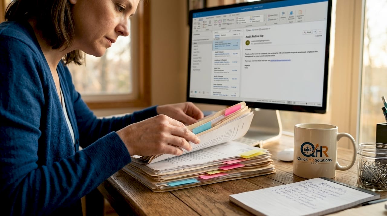 HR manager reviewing paperwork and audit files