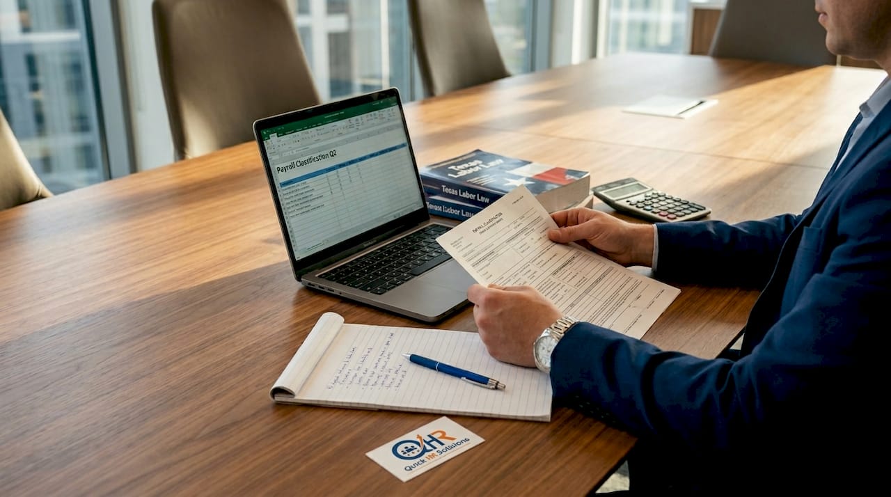 Hands reviewing payroll classification paperwork