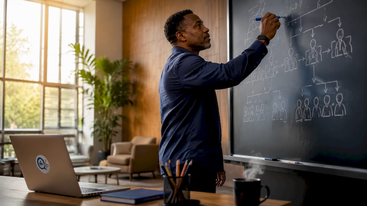 HR Business Partner planning workforce on whiteboard