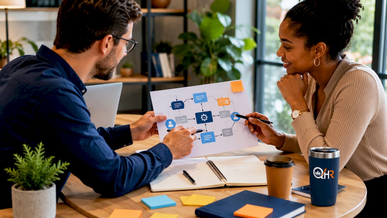 Two hands pointing at HR workflow diagram