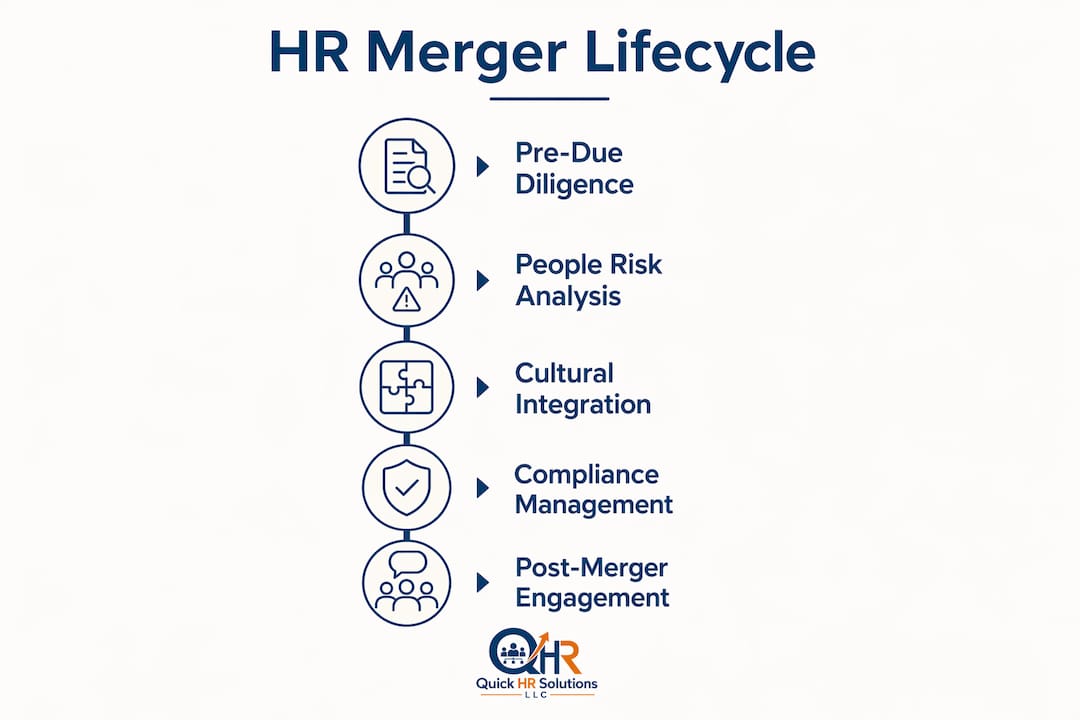 Infographic outlining HR merger lifecycle stages