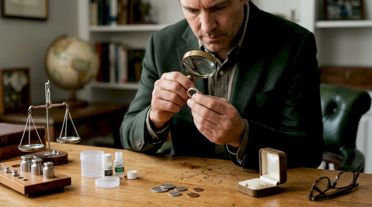 Examining silver ring for hallmark markings