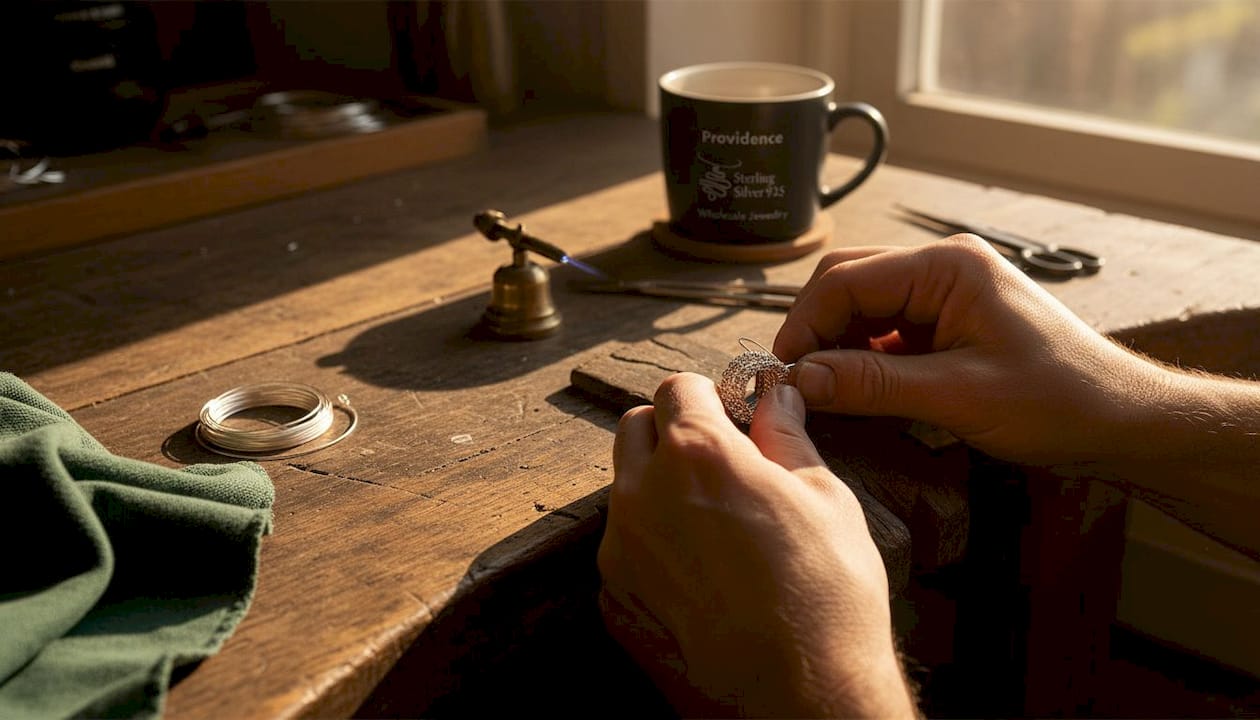 Jeweler weaving intricate silver mesh ring by hand