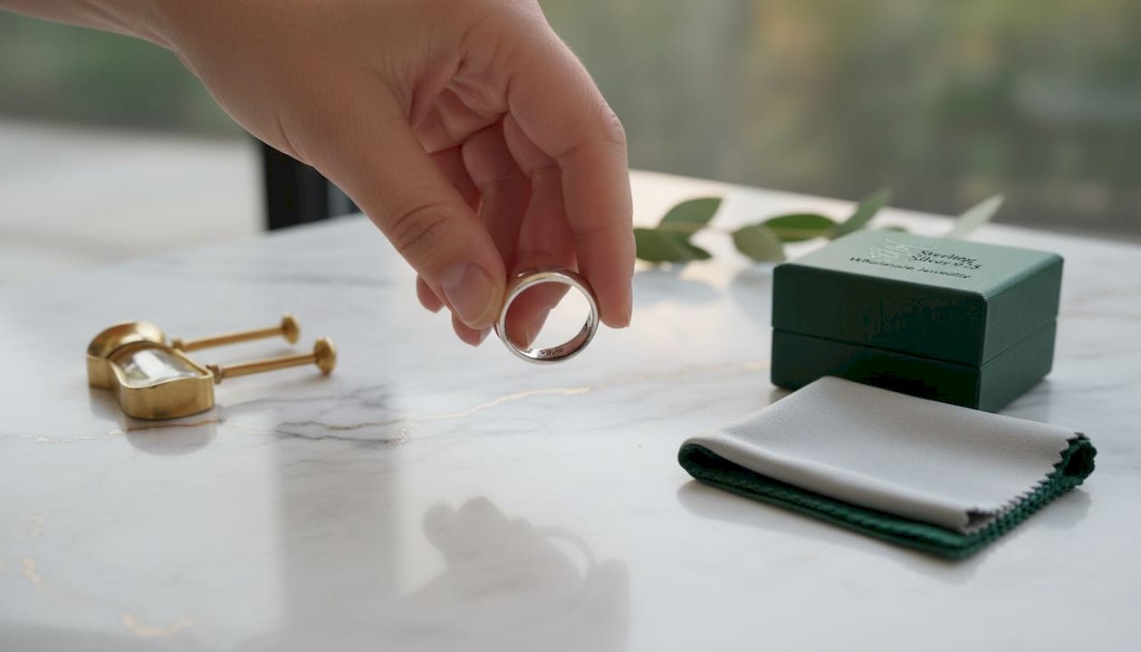 Close-up of hand inspecting silver ring hallmark