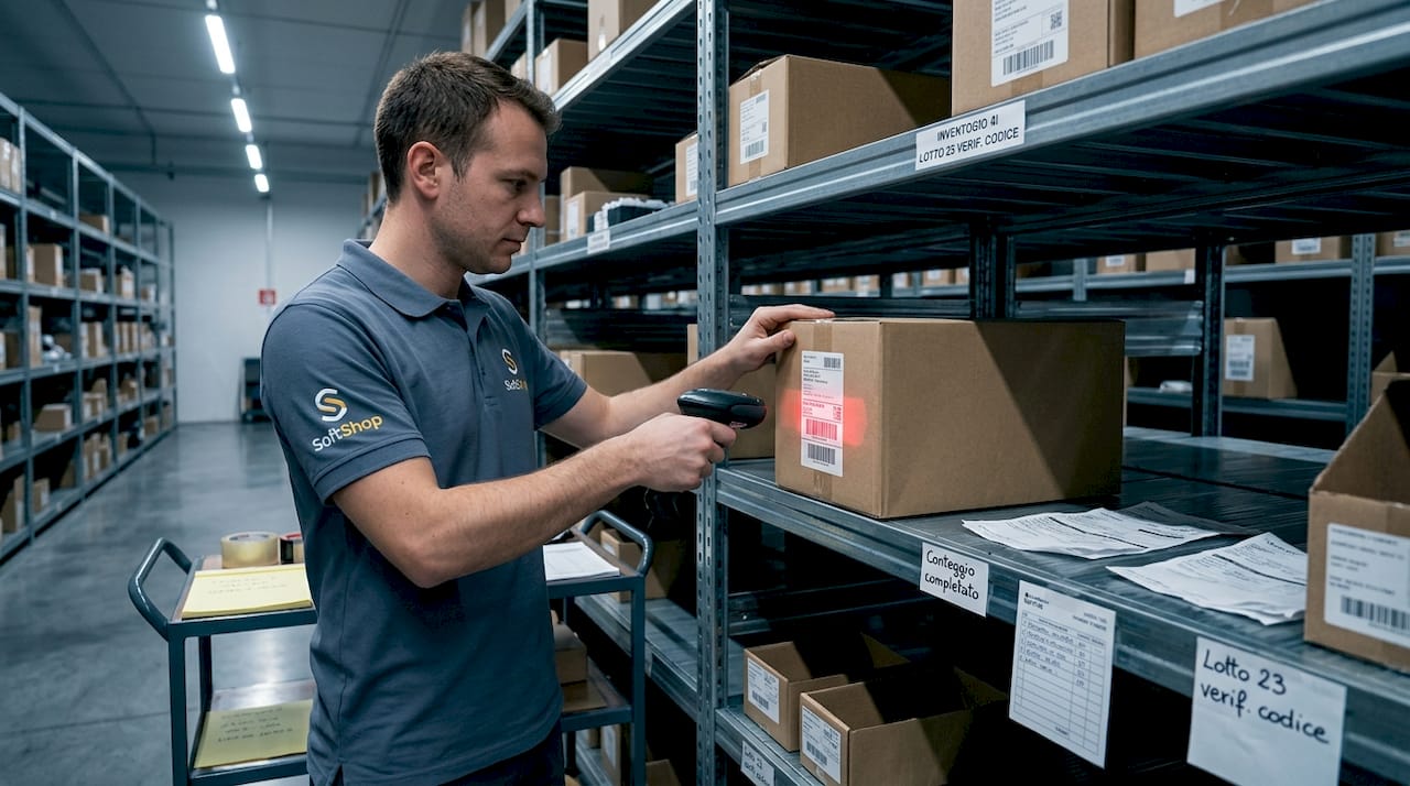 Operatore di magazzino che utilizza lo scanner per registrare una scatola durante le operazioni di picking.