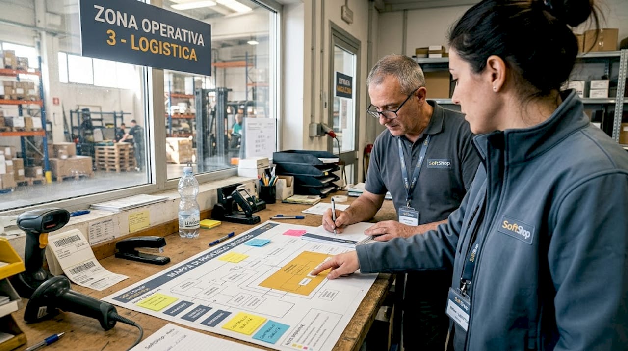 Il team logistico analizza lo schema operativo del magazzino per ottimizzare i flussi di lavoro.