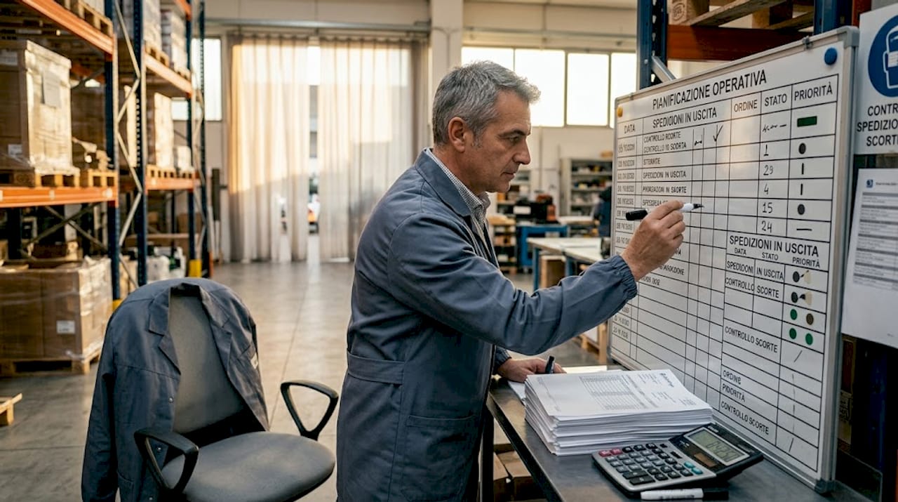 Il responsabile della pianificazione aggiorna gli ordini direttamente sulla lavagna.