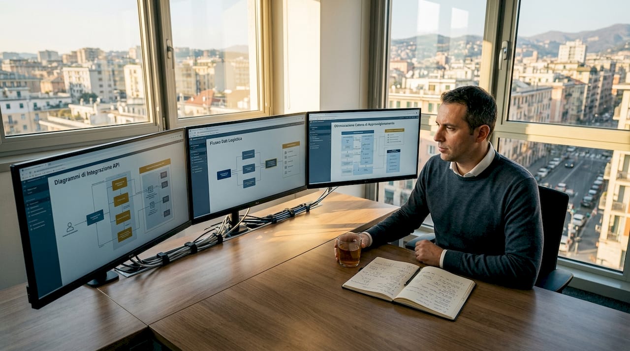 Analista di business impegnato nell'integrazione di nuovi software alla scrivania dell’ufficio.