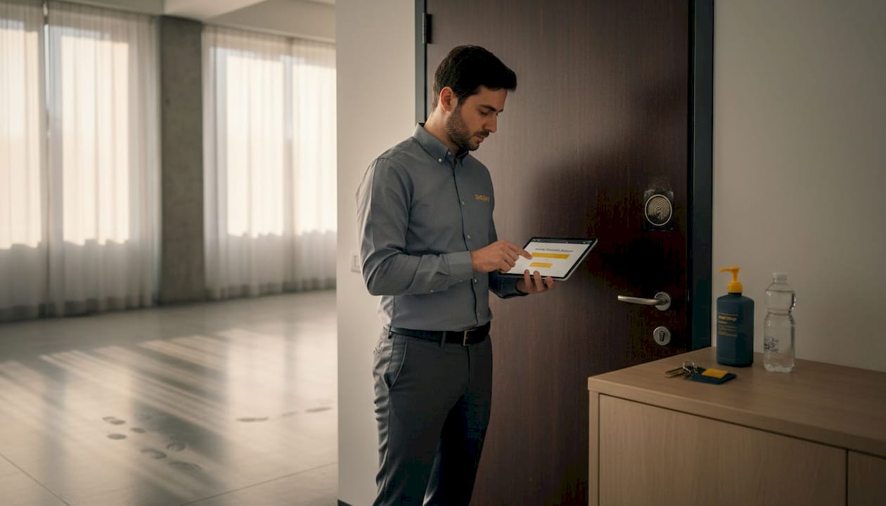 Un dipendente accede al magazzino utilizzando lo smartphone.